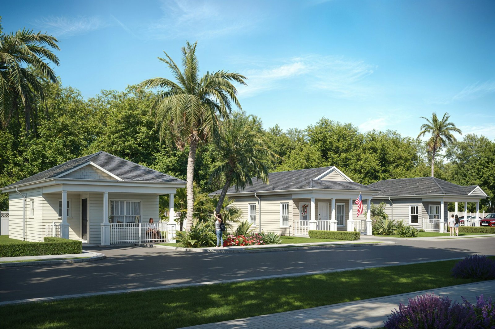 A row of white houses sitting next to a lush green park